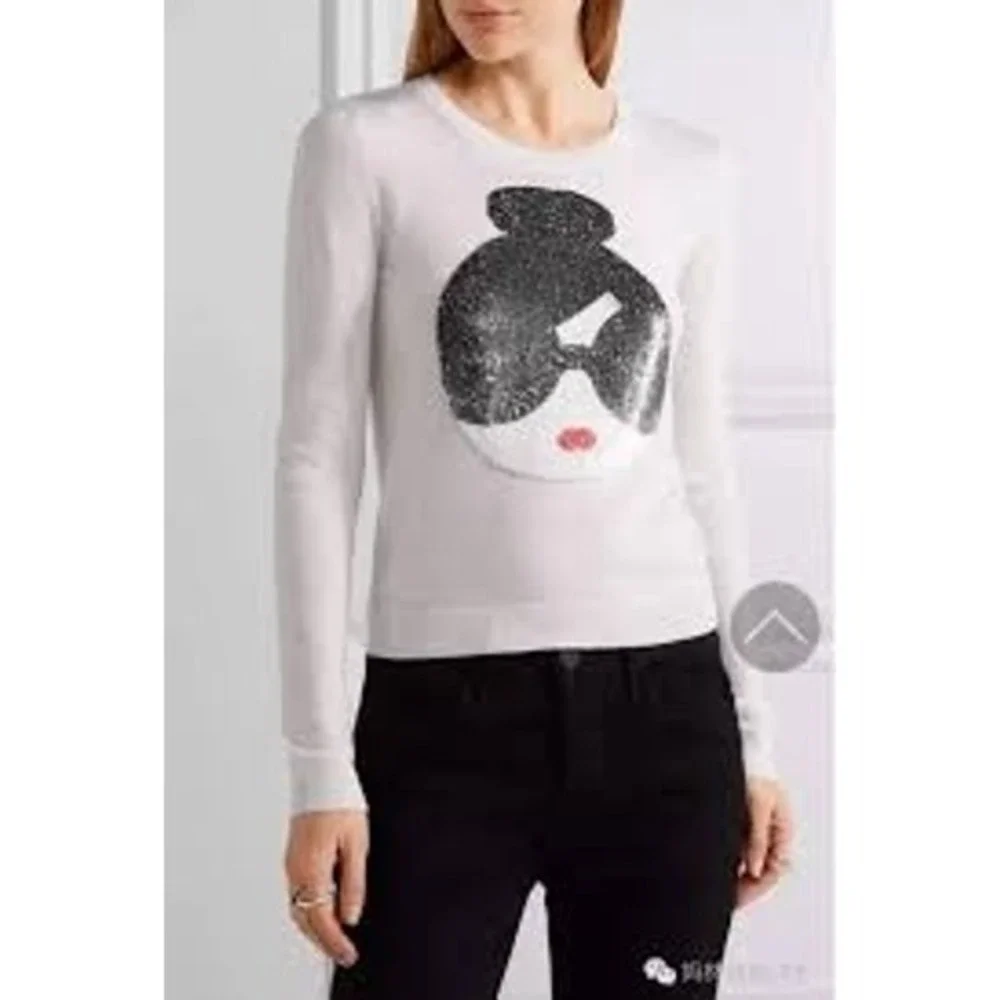 Alice + Olivia Sweater Womens White Stacey Face Sequin Wool Crew Neck C610711910